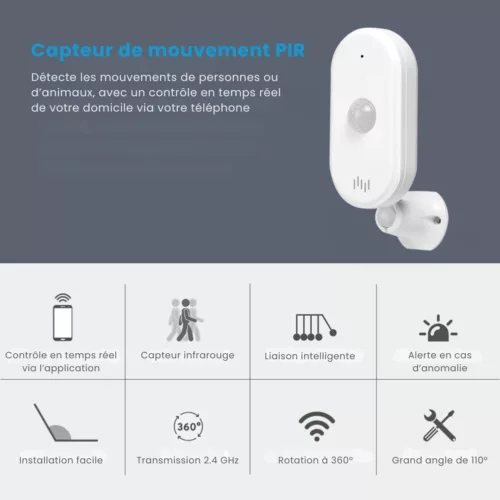 Alarme détecteur mouvement sans installation wifi – Sécurité instantanée sans travaux – Alerte mobile en temps réel