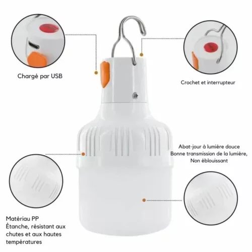 Ampoule LED Rechargeable pour camping – Éclairage puissant sans électricité – Idéale tente, bivouac, urgence