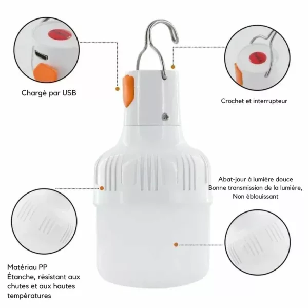 Ampoule LED Rechargeable pour camping – Éclairage puissant sans électricité – Idéale tente, bivouac, urgence