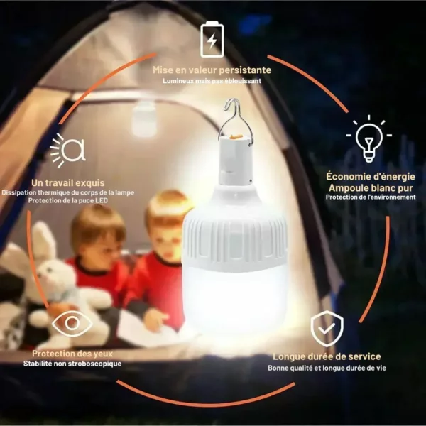 Ampoule LED Rechargeable pour camping – Éclairage puissant sans électricité – Idéale tente, bivouac, urgence