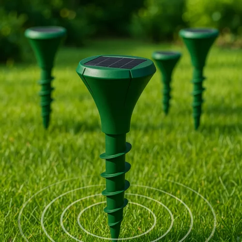 Boîtier ultrason solaire contre taupes – Protection naturelle du jardin, efficace jour et nuit sans produits chimiques