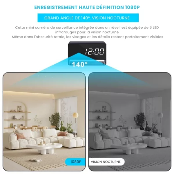 Caméra espion cachée dans réveil numérique – Surveillance discrète HD pour maison ou bureau – Sécurité invisible 24h/24