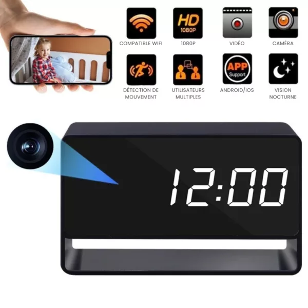 Caméra espion cachée dans réveil numérique – Surveillance discrète HD pour maison ou bureau – Sécurité invisible 24h/24