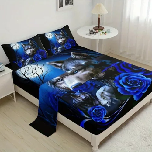 Parure de lit loups et roses bleues