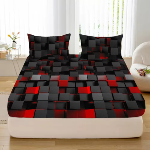 Parure de lit cubes 3D rouge noir