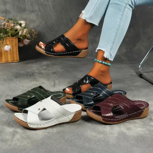 Mules compensées femme croisé effet cuir