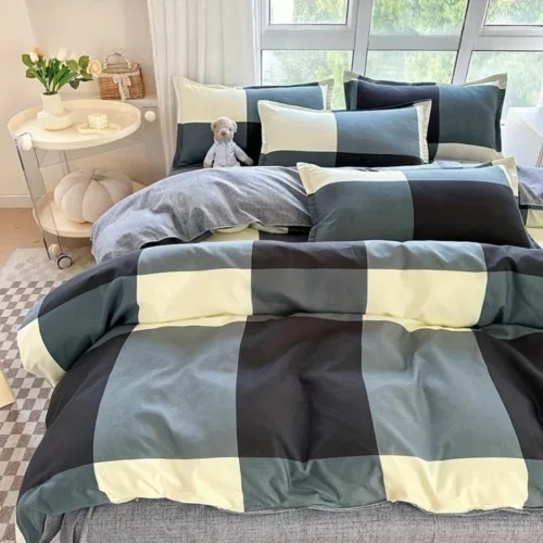 Parure de lit à grands carreaux modernes – Style contemporain et confort doux pour une chambre tendance