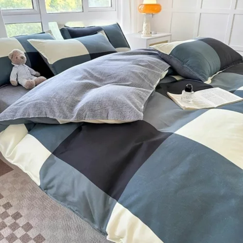 Parure de lit à grands carreaux modernes – Style contemporain et confort doux pour une chambre tendance