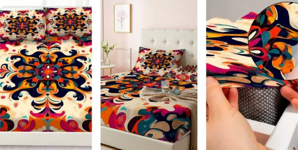 Parure de lit bohème chic avec motifs arabesques psychédéliques et tissu doux haut de gamme
