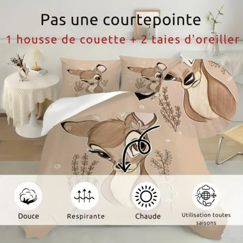 Parure de lit Bambi douceur florale – Housse de couette enfant ultra douce, déco féerique et sommeil paisible
