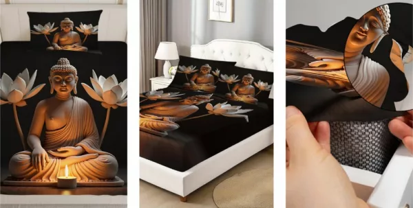 Parure de lit zen avec motif Bouddha et lotus, tissu doux et ambiance apaisante