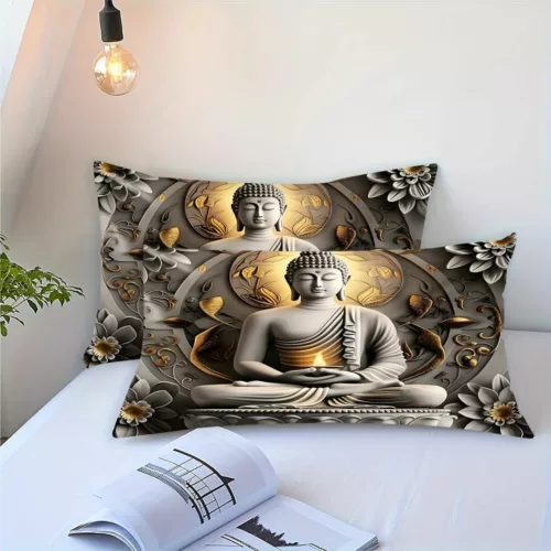 Parure de lit Bouddha sérénité dorée – Ambiance zen et luxe asiatique pour un sommeil paisible