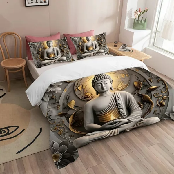 Parure de lit Bouddha sérénité dorée – Ambiance zen et luxe asiatique pour un sommeil paisible