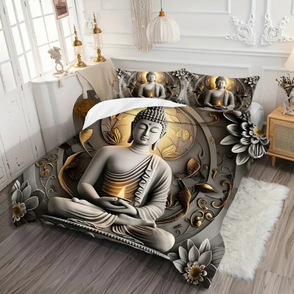Parure de lit Bouddha sérénité dorée – Ambiance zen et luxe asiatique pour un sommeil paisible