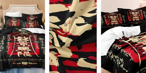 Parure de lit zen en tissu doux avec motifs calligraphiques asiatiques porte-bonheur
