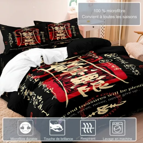 Parure de lit calligraphie asiatique porte-bonheur – Ambiance zen et paisible pour des nuits sereines