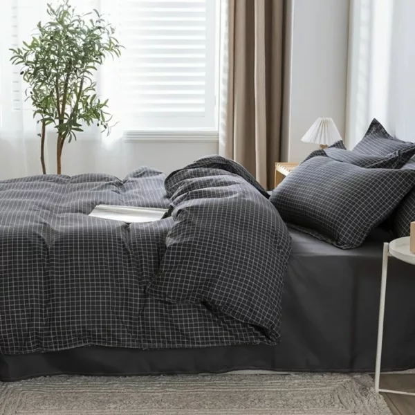 Parure de lit carreaux noirs minimalistes – Élégance moderne et sommeil raffiné – Style épuré pour chambre design