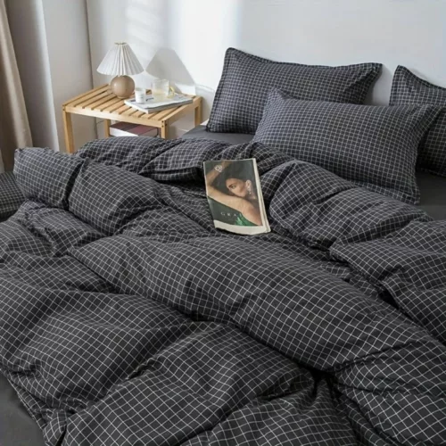 Parure de lit carreaux noirs minimalistes – Élégance moderne et sommeil raffiné – Style épuré pour chambre design