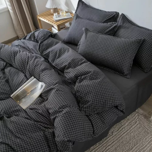 Parure de lit carreaux noirs minimalistes – Élégance moderne et sommeil raffiné – Style épuré pour chambre design