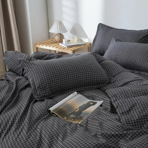 Parure de lit carreaux noirs minimalistes – Élégance moderne et sommeil raffiné – Style épuré pour chambre design