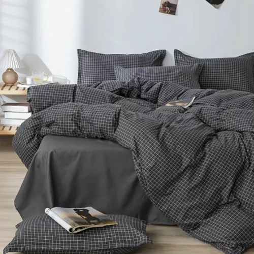 Parure de lit carreaux noirs minimalistes – Élégance moderne et sommeil raffiné – Style épuré pour chambre design
