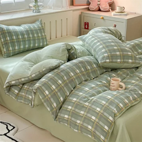 Parure de lit carreaux verts apaisants – Ambiance zen et naturelle pour un sommeil réparateur