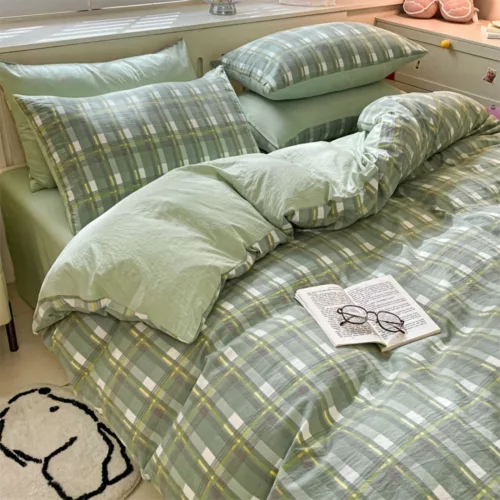 Parure de lit carreaux verts apaisants – Ambiance zen et naturelle pour un sommeil réparateur