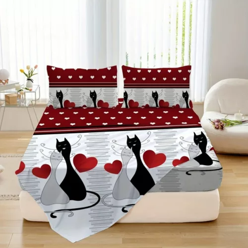 Parure de lit chats amoureux graphiques – Housse douce et stylée pour chambre cosy et romantique
