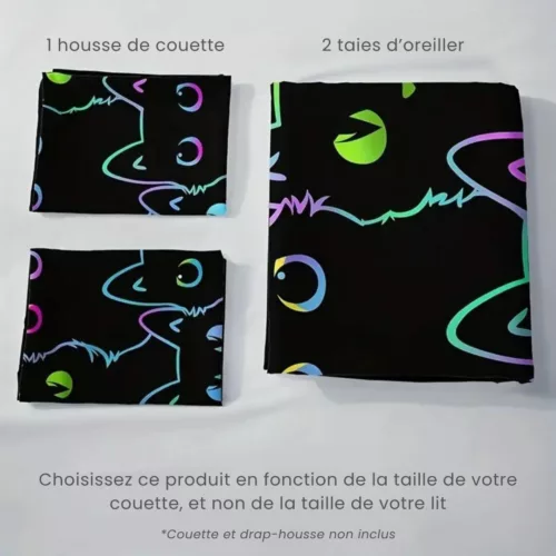 Parure de lit chats fluorescents fun – Ambiance magique la nuit pour chambre d'enfant ou ado – Confort et originalité assurés