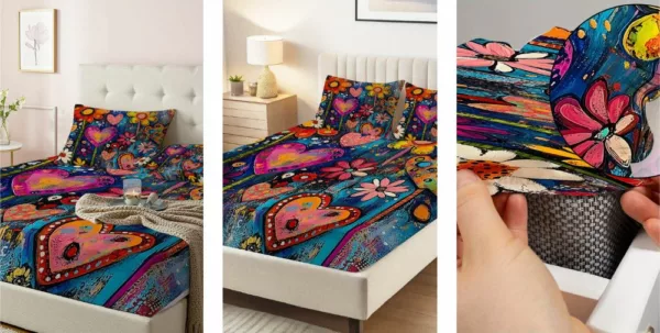 Parure de lit romantique en tissu doux avec motifs arty de cœurs et fleurs stylisées
