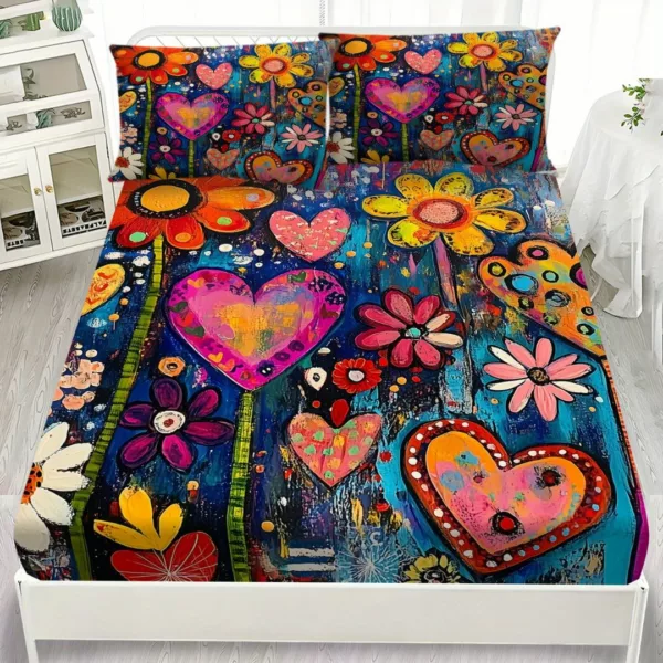 Parure de lit cœurs et fleurs arty – Décor romantique et coloré pour chambre cocooning – Confort doux et design unique