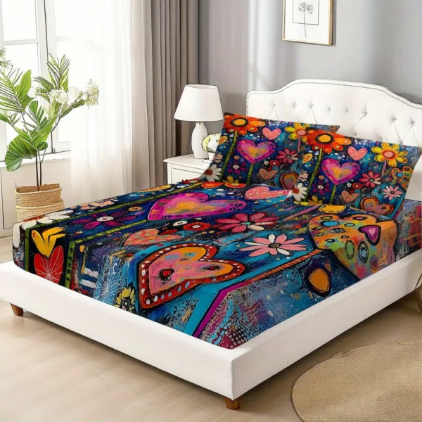 Parure de lit cœurs et fleurs arty – Décor romantique et coloré pour chambre cocooning – Confort doux et design unique