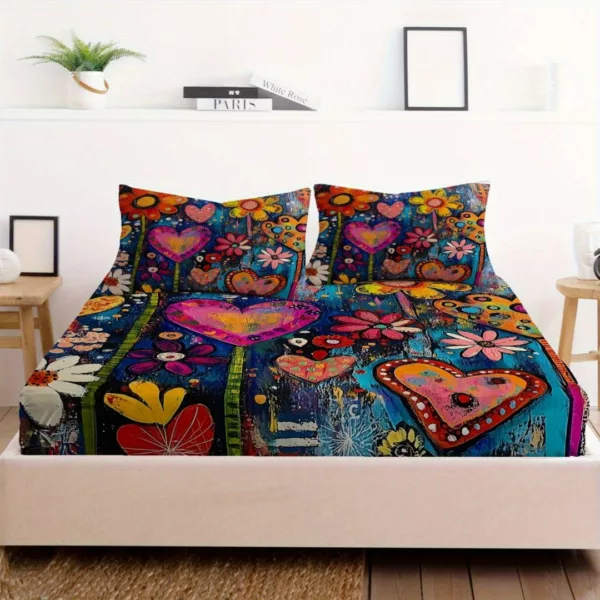 Parure de lit cœurs et fleurs arty – Décor romantique et coloré pour chambre cocooning – Confort doux et design unique