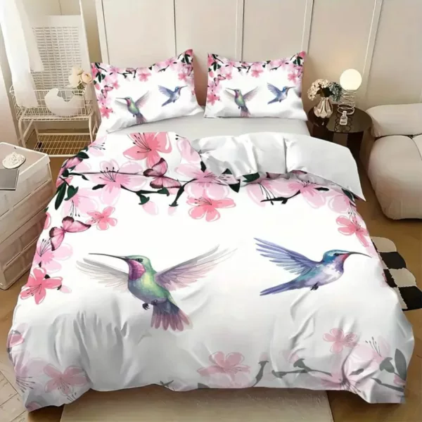 Parure de lit colibris et fleurs roses – Ambiance romantique et apaisante pour chambre cosy – Housse douce et élégante