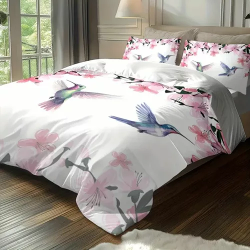 Parure de lit colibris et fleurs roses – Ambiance romantique et apaisante pour chambre cosy – Housse douce et élégante