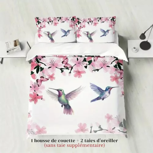 Parure de lit colibris et fleurs roses – Ambiance romantique et apaisante pour chambre cosy – Housse douce et élégante