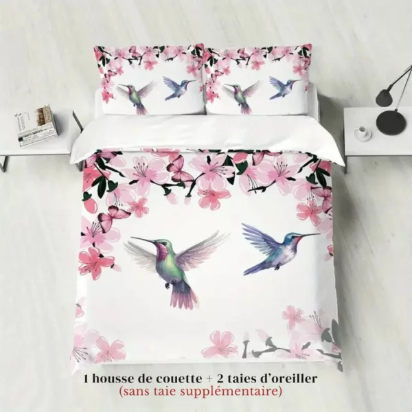 Parure de lit colibris et fleurs roses – Ambiance romantique et apaisante pour chambre cosy – Housse douce et élégante