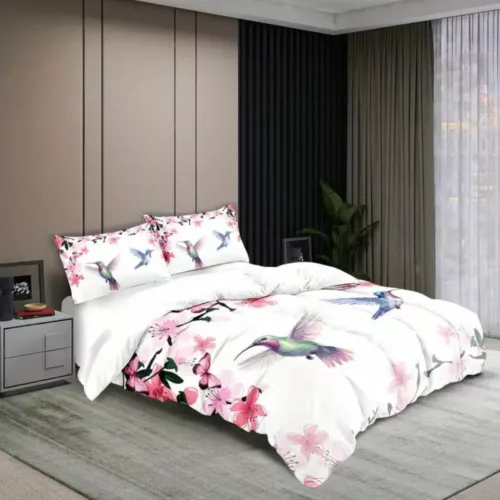Parure de lit colibris et fleurs roses – Ambiance romantique et apaisante pour chambre cosy – Housse douce et élégante