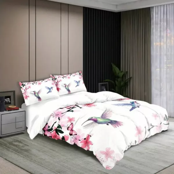 Parure de lit colibris et fleurs roses – Ambiance romantique et apaisante pour chambre cosy – Housse douce et élégante