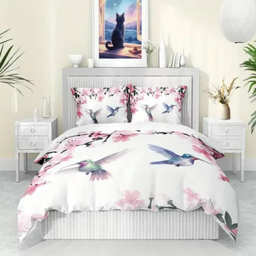 Parure de lit colibris et fleurs roses – Ambiance romantique et apaisante pour chambre cosy – Housse douce et élégante