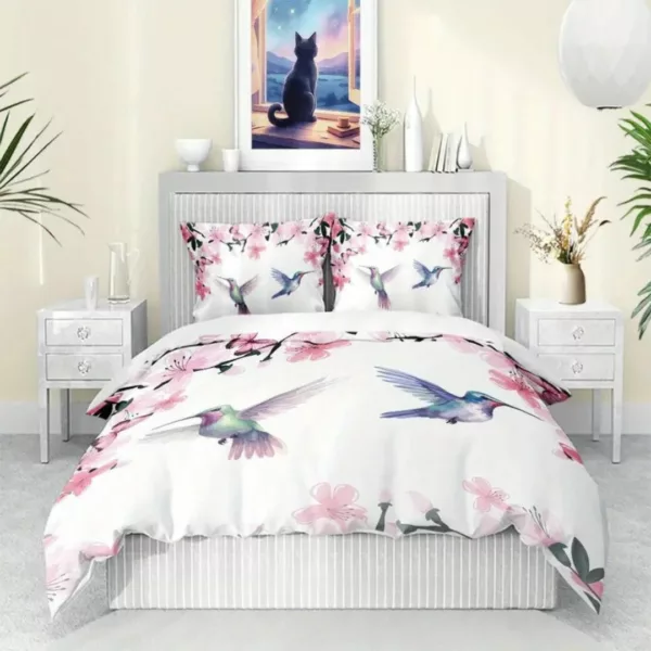 Parure de lit colibris et fleurs roses – Ambiance romantique et apaisante pour chambre cosy – Housse douce et élégante