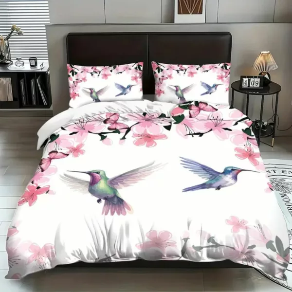 Parure de lit colibris et fleurs roses – Ambiance romantique et apaisante pour chambre cosy – Housse douce et élégante
