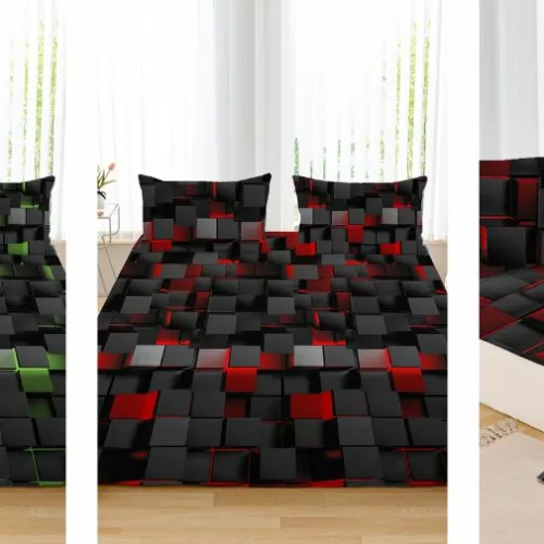Parure de lit moderne en tissu doux, motifs cubes 3D rouges et noirs élégants