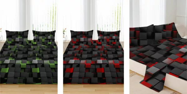 Parure de lit moderne en tissu doux, motifs cubes 3D rouges et noirs élégants
