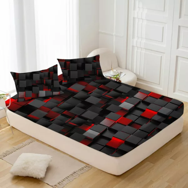 Parure de lit cubes 3D rouge noir – Style moderne et profondeur visuelle pour une chambre élégante