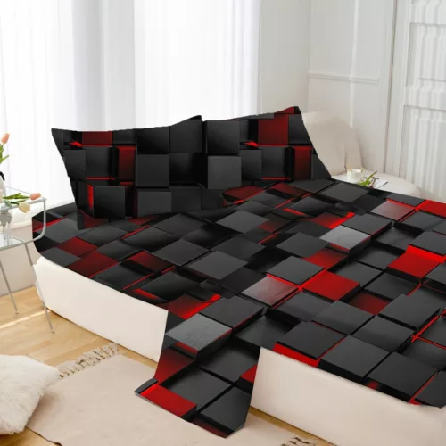 Parure de lit cubes 3D rouge noir – Style moderne et profondeur visuelle pour une chambre élégante
