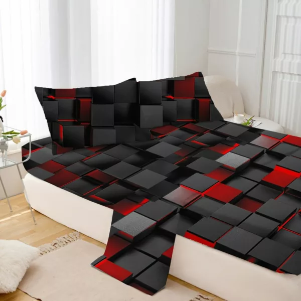 Parure de lit cubes 3D rouge noir – Style moderne et profondeur visuelle pour une chambre élégante