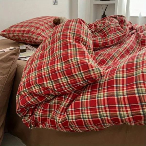 Parure de lit écossaise rouge cosy – Confort chaleureux et style chalet pour nuits douillettes