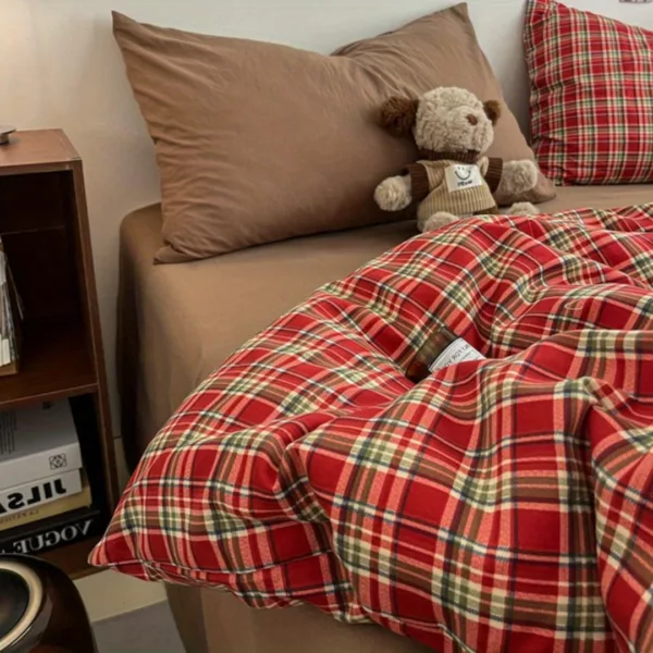 Parure de lit écossaise rouge cosy – Confort chaleureux et style chalet pour nuits douillettes