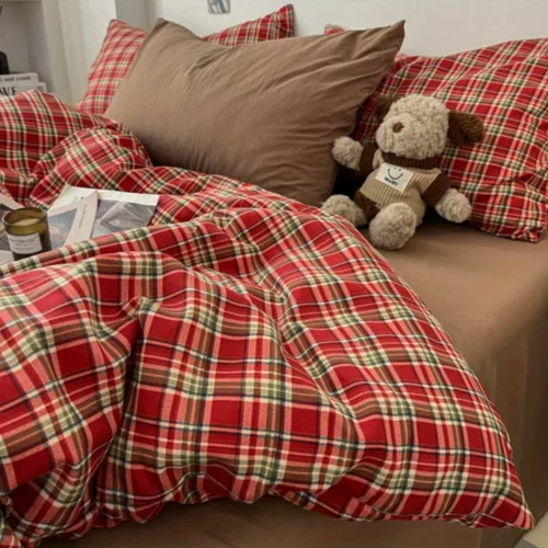 Parure de lit écossaise rouge cosy – Confort chaleureux et style chalet pour nuits douillettes